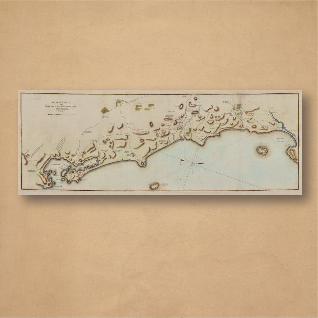 John Barrow's 1804 map of the Cape west coast from Table Bay to Saldanha Bay, a long coastal strip with shaded hills, islands and a pale blue sea
