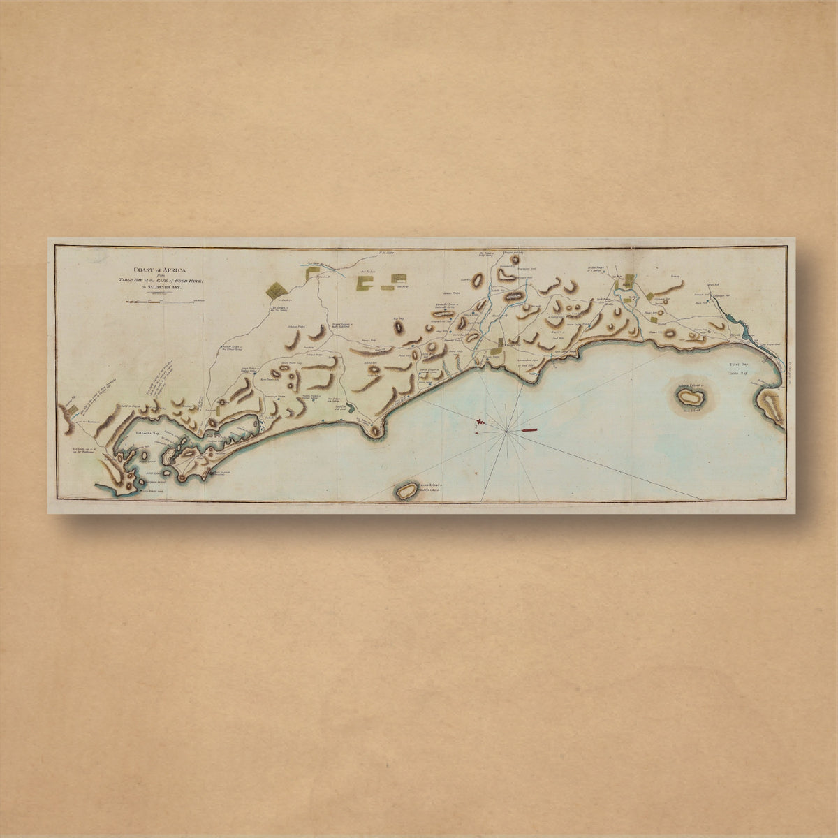 John Barrow's 1804 map of the Cape west coast from Table Bay to Saldanha Bay, a long coastal strip with shaded hills, islands and a pale blue sea