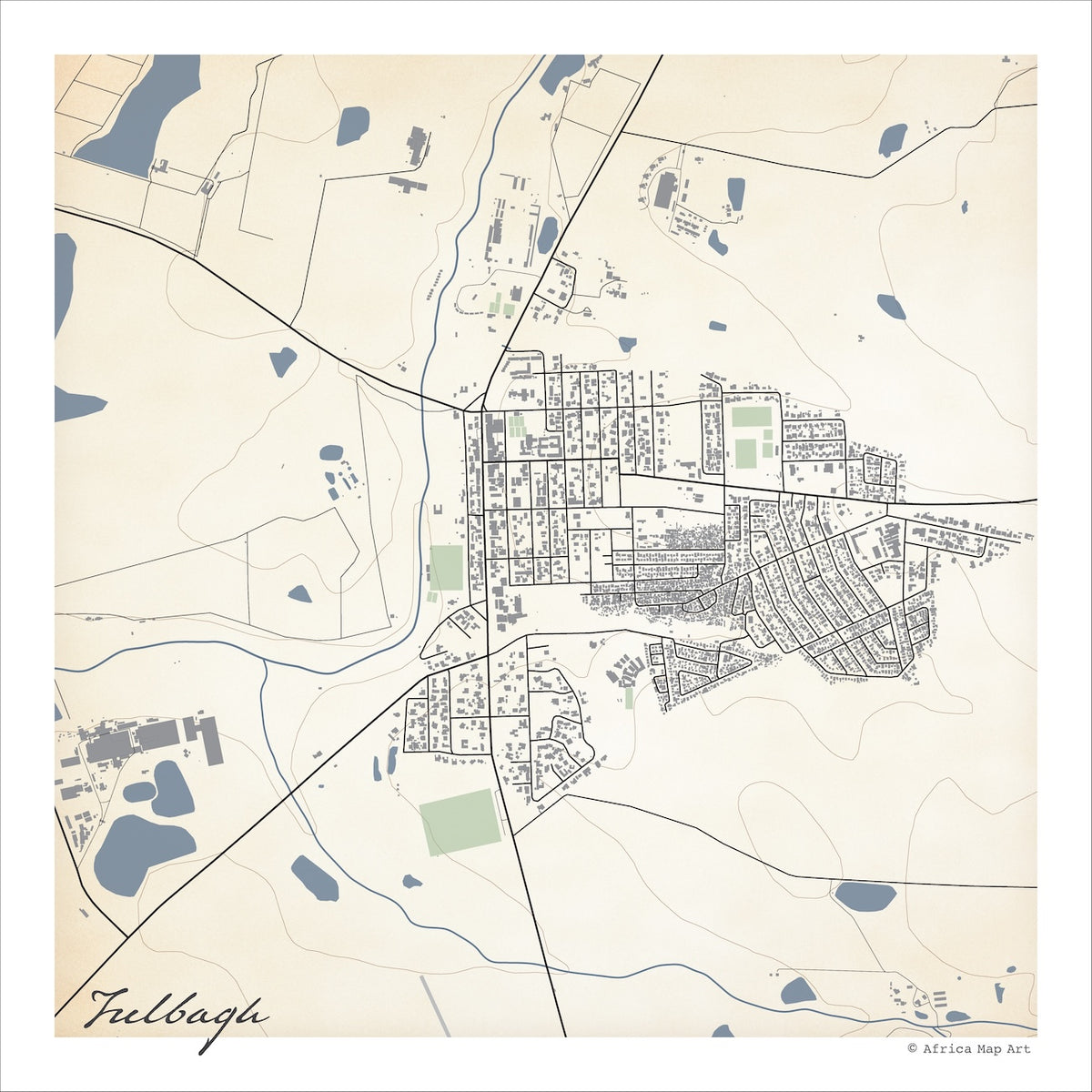 Tulbagh map print in the Classic style, with blue farm dams scattered across the valley, grey buildings and a blue river on a cream background