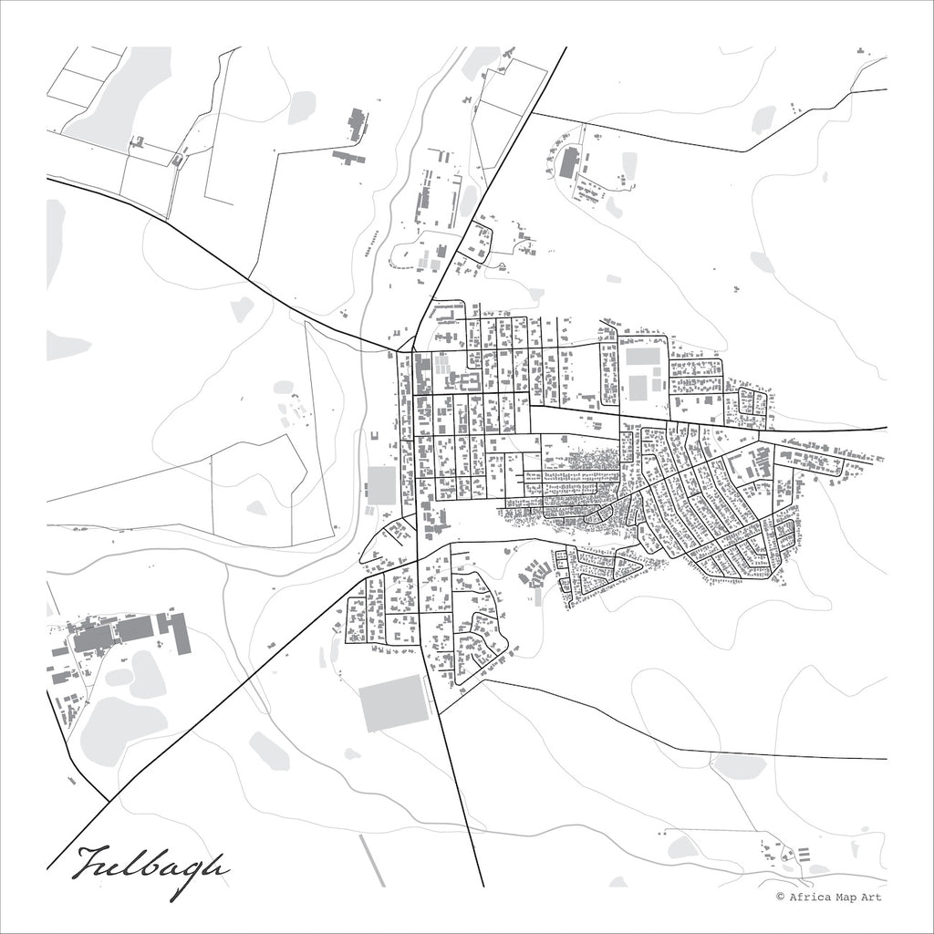 Tulbagh map print in the minimalist Mono style, with grey buildings, black street lines and pale grey dams on a white background