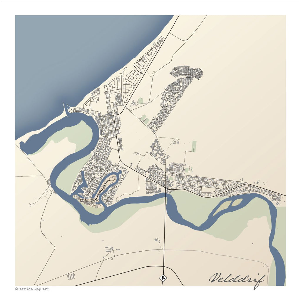 Velddrif map print in the Classic style, with fine black street lines and grey buildings, the blue Berg River estuary and the R27 on a cream background