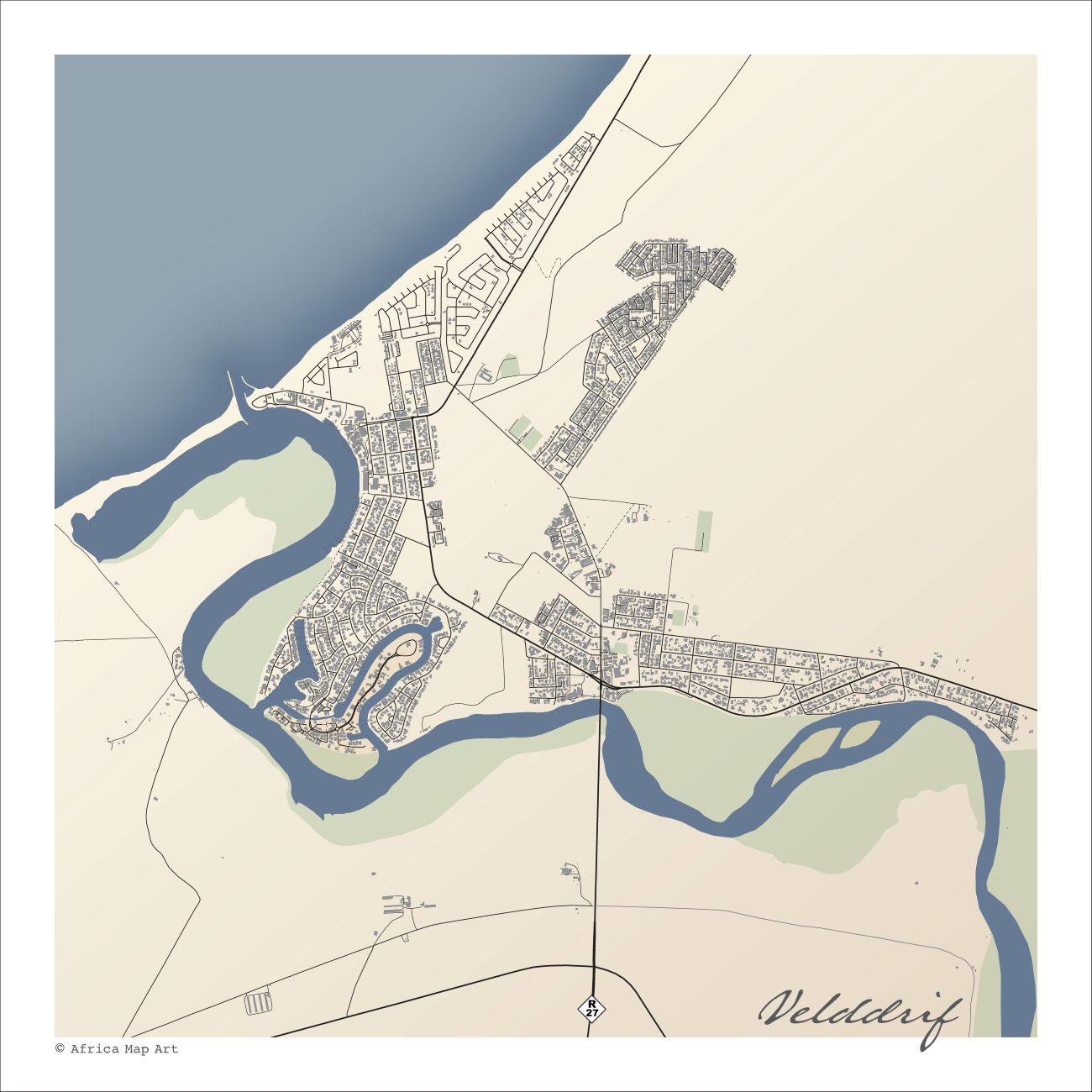 Velddrif map print in the Classic style, with fine black street lines and grey buildings, the blue Berg River estuary and the R27 on a cream background