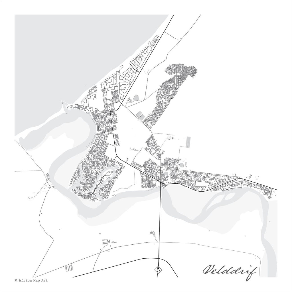 Velddrif map print in the minimalist Mono style, with fine black street lines and grey buildings, the grey Berg River estuary and the R27 on a white background