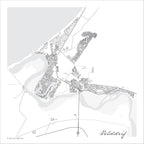 Velddrif map print in the minimalist Mono style, with fine black street lines and grey buildings, the grey Berg River estuary and the R27 on a white background