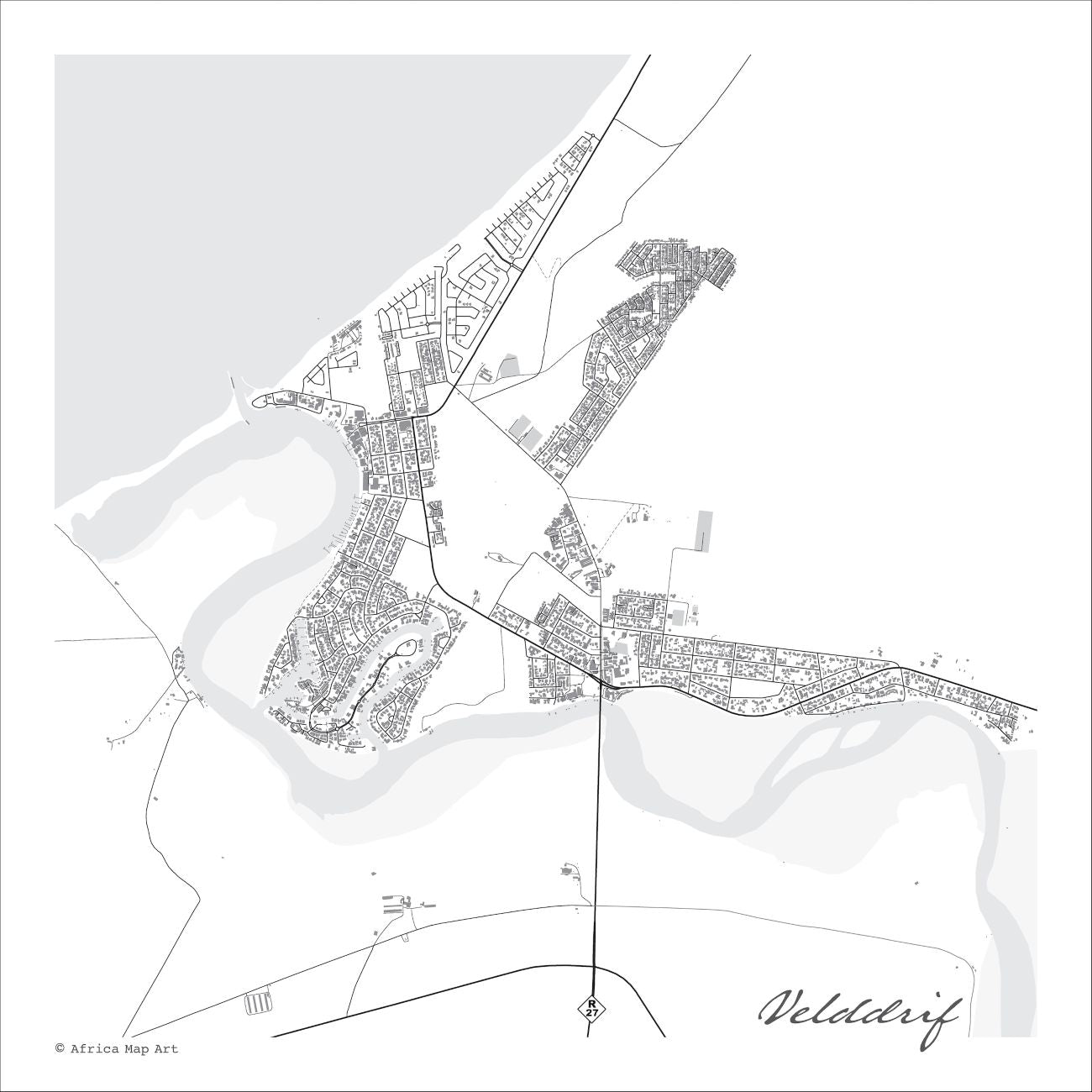 Velddrif map print in the minimalist Mono style, with fine black street lines and grey buildings, the grey Berg River estuary and the R27 on a white background