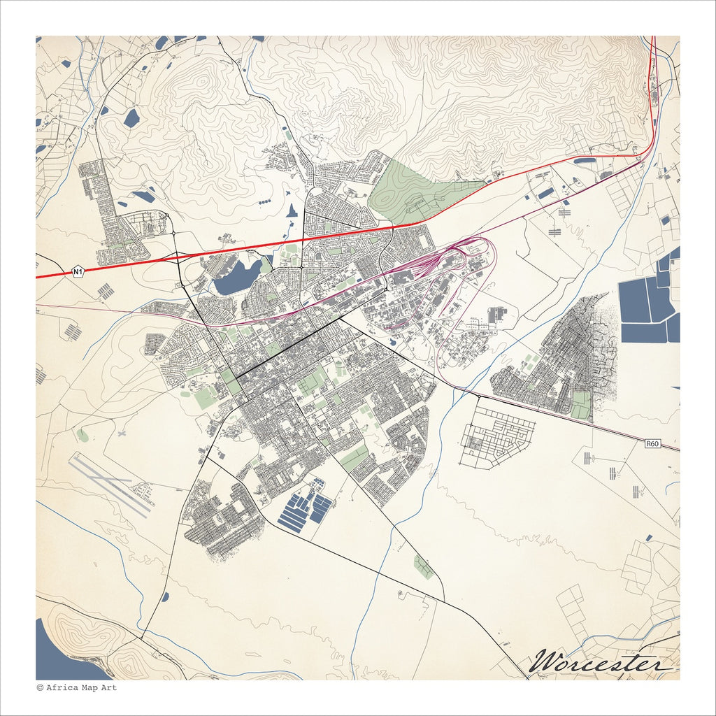 Worcester map print in the Classic style, with fine black street lines, blue dams and mountain contours on a cream background.
