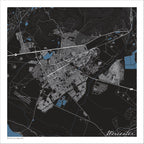 Worcester map print in the Granite style, with fine white street lines, dams and mountain contours on a black background.