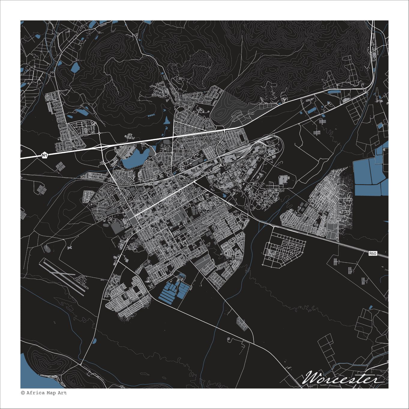 Worcester map print in the Granite style, with fine white street lines, dams and mountain contours on a black background.