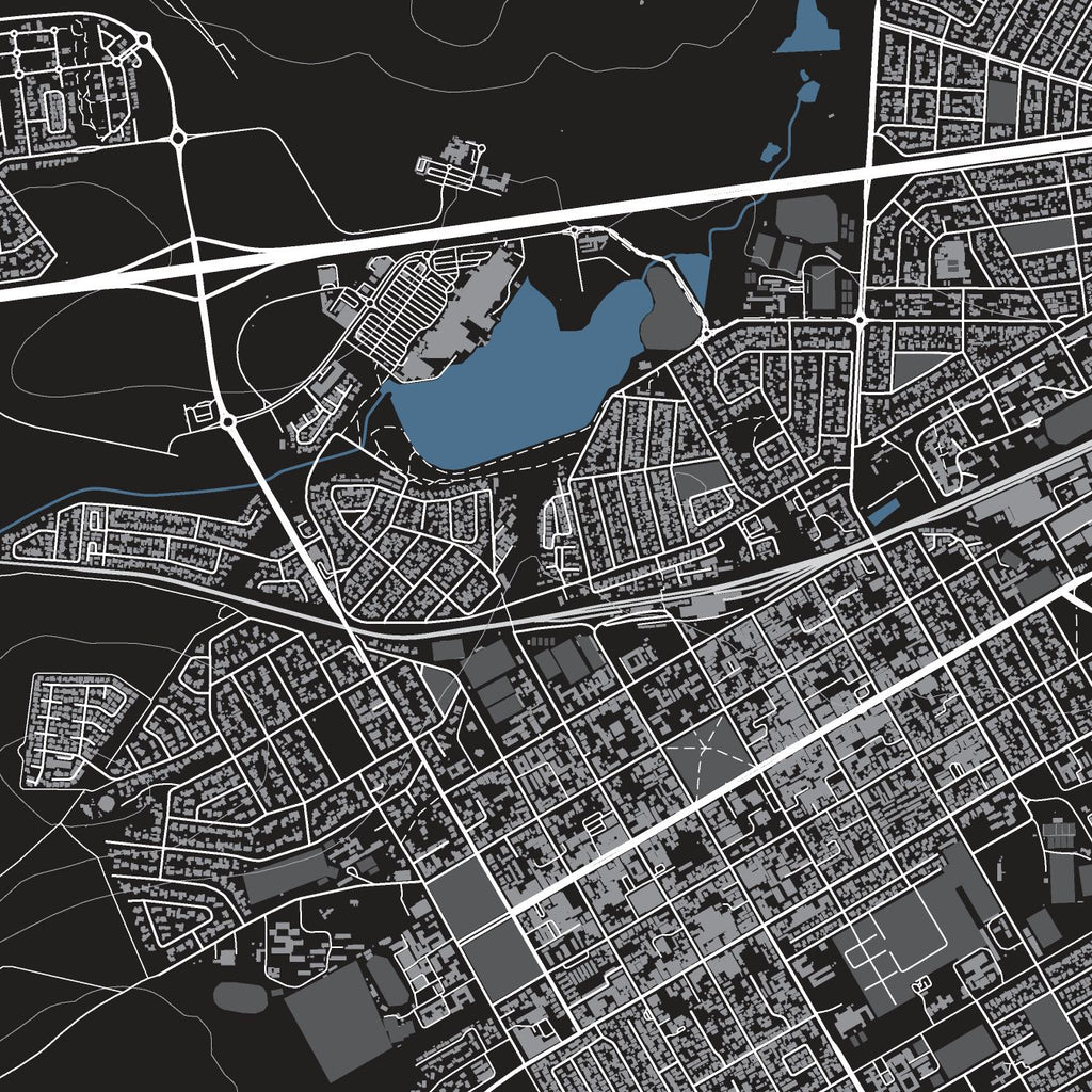 Worcester map print in the Granite style, with fine white street lines, dams and mountain contours on a black background.