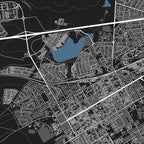 Worcester map print in the Granite style, with fine white street lines, dams and mountain contours on a black background.