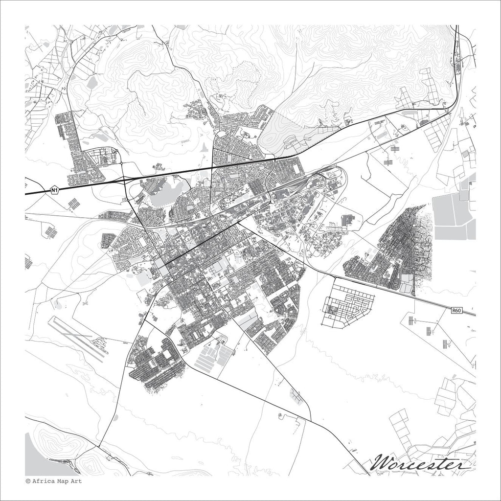 Worcester map print in the minimalist Mono style, with fine black street lines, grey dams and mountain contours on a white background.