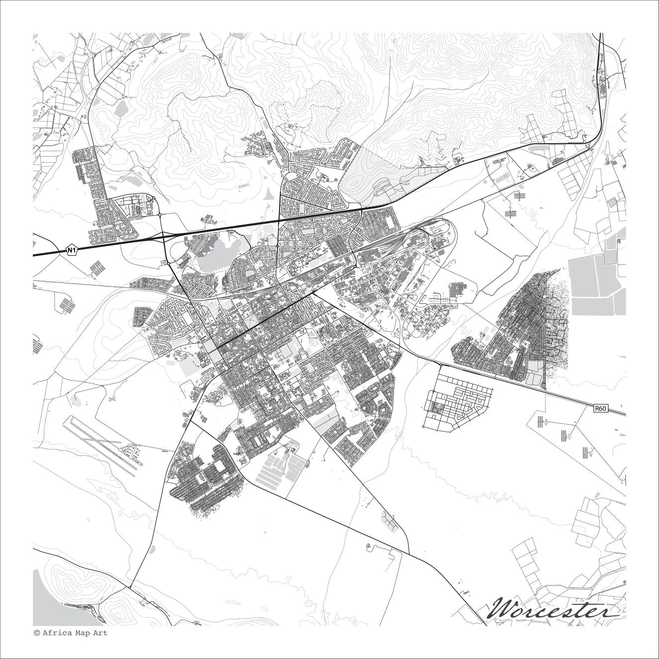 Worcester map print in the minimalist Mono style, with fine black street lines, grey dams and mountain contours on a white background.