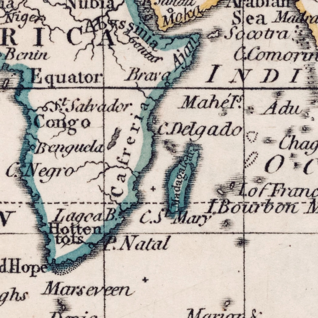 Detail of Faden's 1798 world chart showing southern Africa, Madagascar and the Indian Ocean, with blue-green coastlines and fine lettering