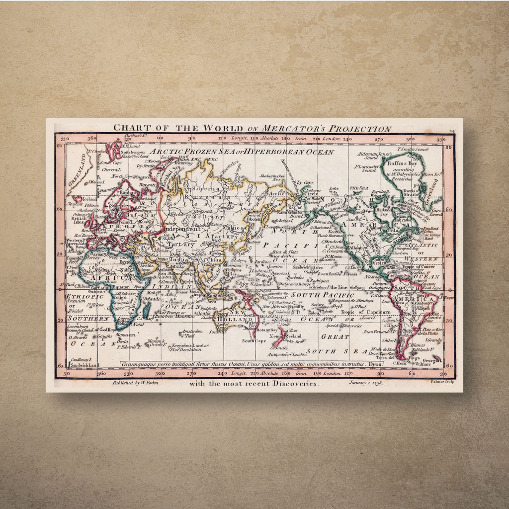 William Faden's 1798 chart of the world on Mercator's projection, with continents outlined in pink, yellow, blue and green inside a pink border