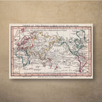 William Faden's 1798 chart of the world on Mercator's projection, with continents outlined in pink, yellow, blue and green inside a pink border