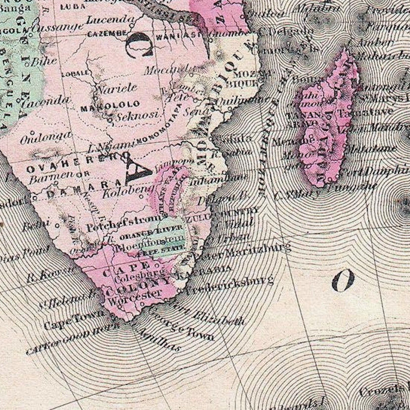 Detail of Johnson & Ward's 1862 world map showing southern Africa and Madagascar, with pastel pink and green colouring and engraved seas