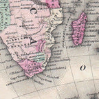 Detail of Johnson & Ward's 1862 world map showing southern Africa and Madagascar, with pastel pink and green colouring and engraved seas