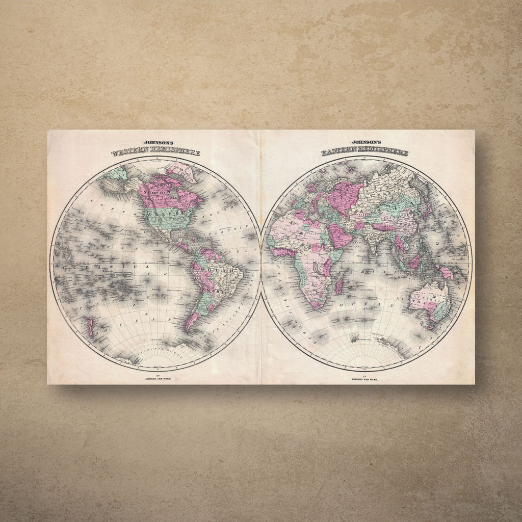 Johnson & Ward's 1862 map of the world in two hemispheres, Western and Eastern, with countries tinted in pastel pink, green and yellow