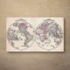 Johnson & Ward's 1862 map of the world in two hemispheres, Western and Eastern, with countries tinted in pastel pink, green and yellow