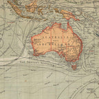 Detail of Baur & Bromme's 1870 world map showing Australia and Tasmania in orange, with ocean current lines across the surrounding seas