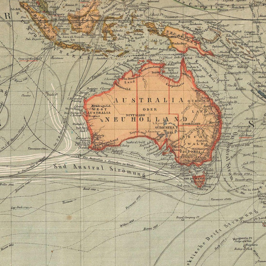 Detail of Baur & Bromme's 1870 world map showing Australia and Tasmania in orange, with ocean current lines across the surrounding seas