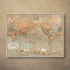 Baur & Bromme's 1870 map of the world centred on the Pacific, with ochre land, blue-green seas, ocean currents and a row of inset maps