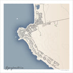 Yzerfontein map print in the Classic style, with fine black street lines and grey buildings, the blue Atlantic, the sandy beach and contour lines on a cream background