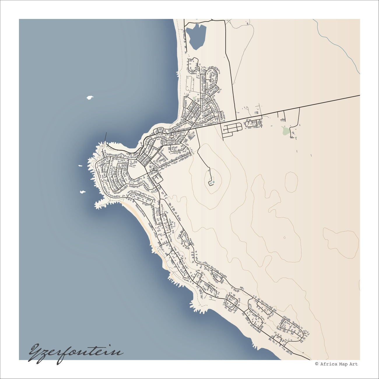 Yzerfontein map print in the Classic style, with fine black street lines and grey buildings, the blue Atlantic, the sandy beach and contour lines on a cream background