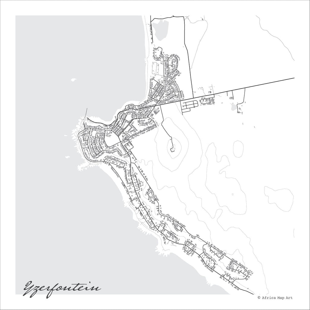 Yzerfontein map print in the minimalist Mono style, with fine black street lines and grey buildings, the grey Atlantic, offshore rocks and fine contour lines on a white background