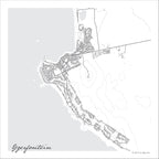 Yzerfontein map print in the minimalist Mono style, with fine black street lines and grey buildings, the grey Atlantic, offshore rocks and fine contour lines on a white background