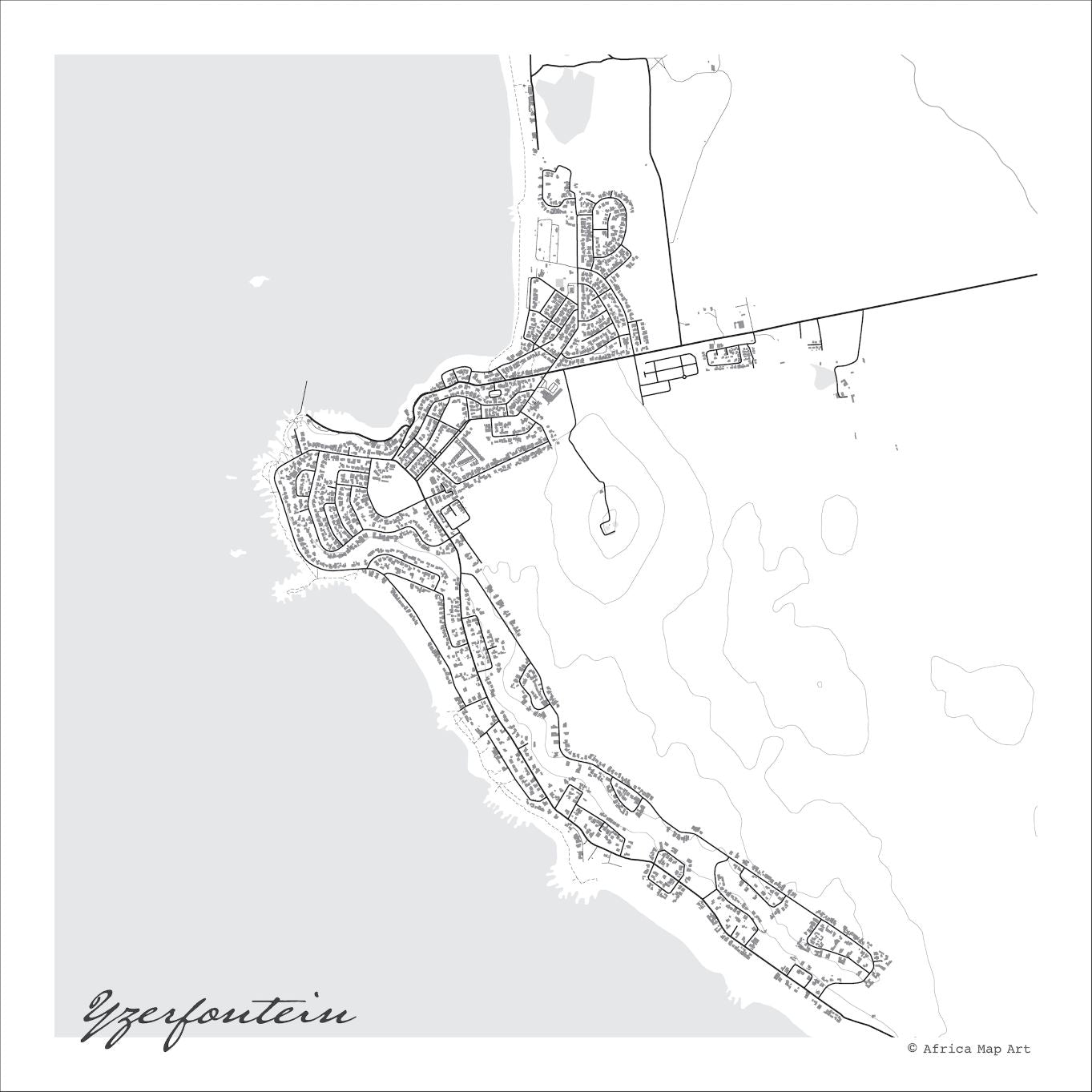 Yzerfontein map print in the minimalist Mono style, with fine black street lines and grey buildings, the grey Atlantic, offshore rocks and fine contour lines on a white background